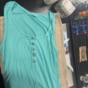 .S. Kate Aqua Teal Ribbed Henley Tank Top with Wood Button